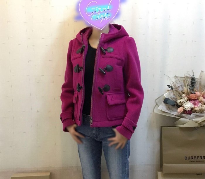 BURBERRY BRIT桃紫色牛角扣連帽外套UK6-0