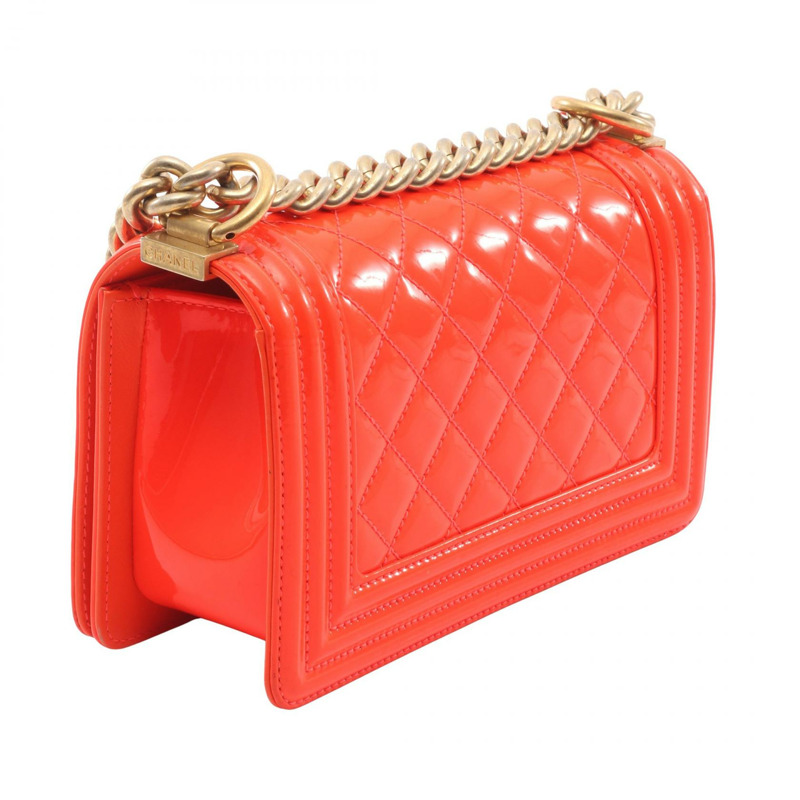 香奈兒 Boy Chanel 小號鏈條單背包 A67085 紅色漆皮二手金色五金 CC-1