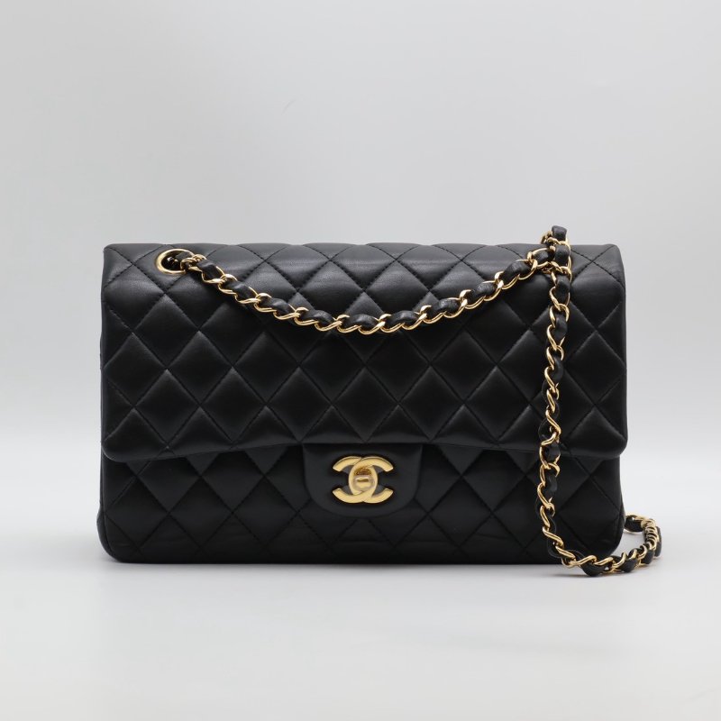 CHANEL 經典口蓋包 CF25 - 羊皮黑金27開-0