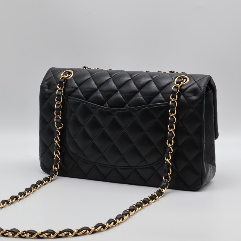 CHANEL 經典口蓋包 CF25 - 羊皮黑金27開-1