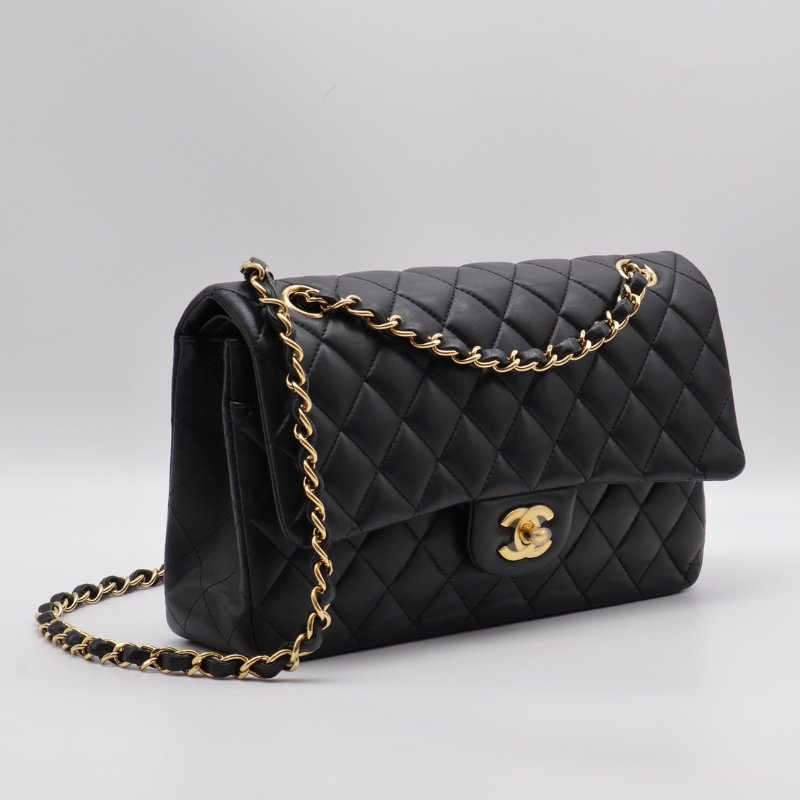 CHANEL 經典口蓋包 CF25 - 羊皮黑金27開-11