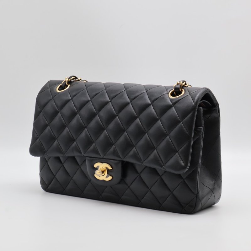 CHANEL 經典口蓋包 CF25 - 羊皮黑金27開-12