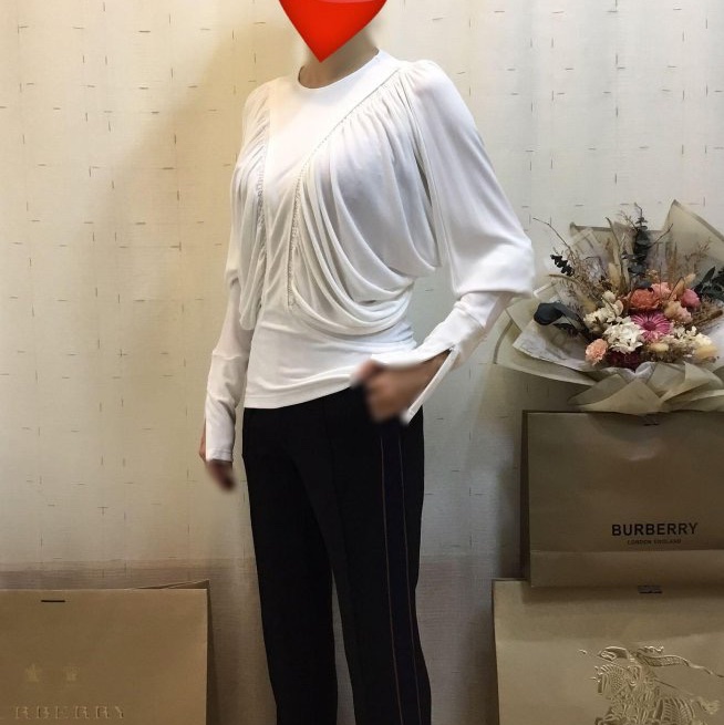 BURBERRY 英國黑標白色褶飾裁片平織上衣UK6-4