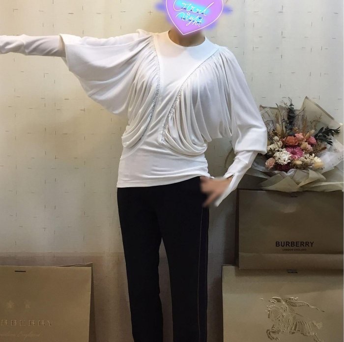 BURBERRY 英國黑標白色褶飾裁片平織上衣UK6-5