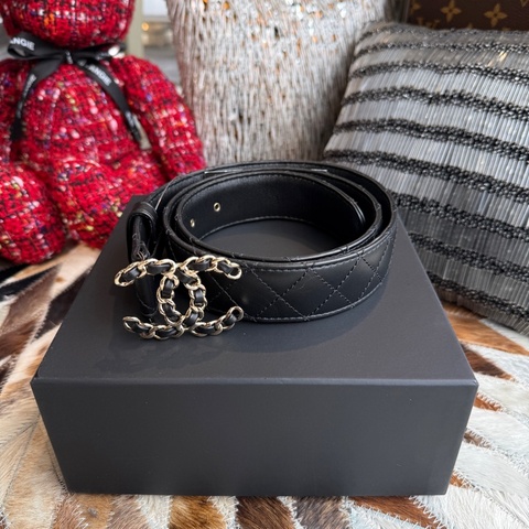 CHANEL小牛皮菱格紋雙C皮穿鏈皮帶*黑金