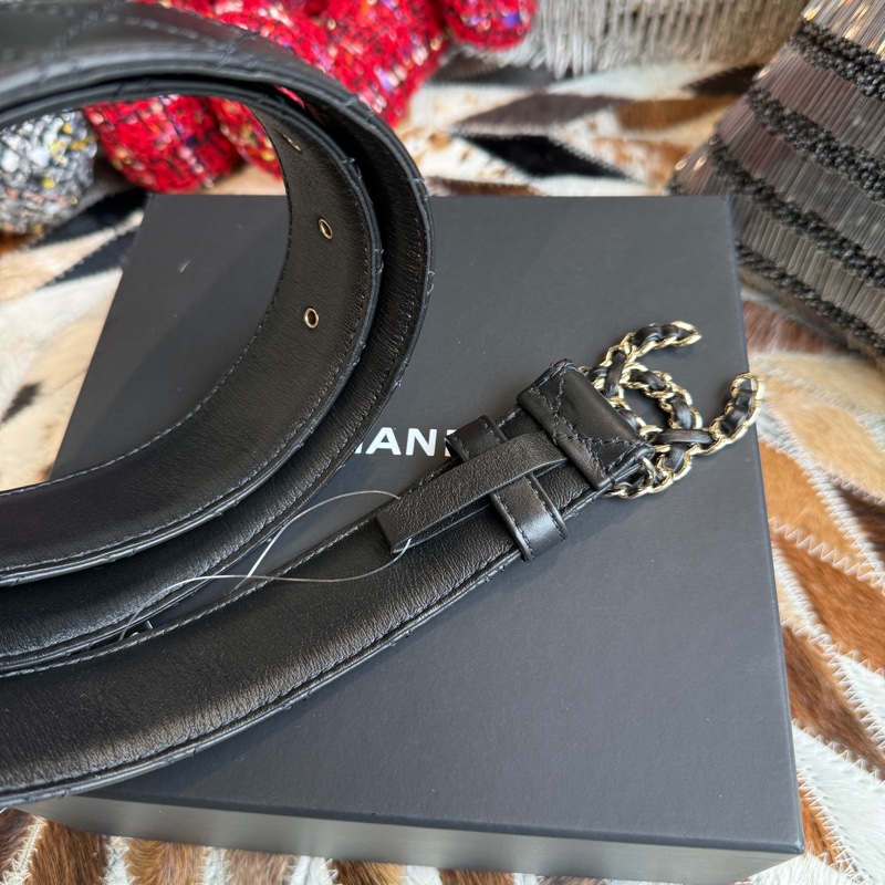 CHANEL小牛皮菱格紋雙C皮穿鏈皮帶*黑金-2