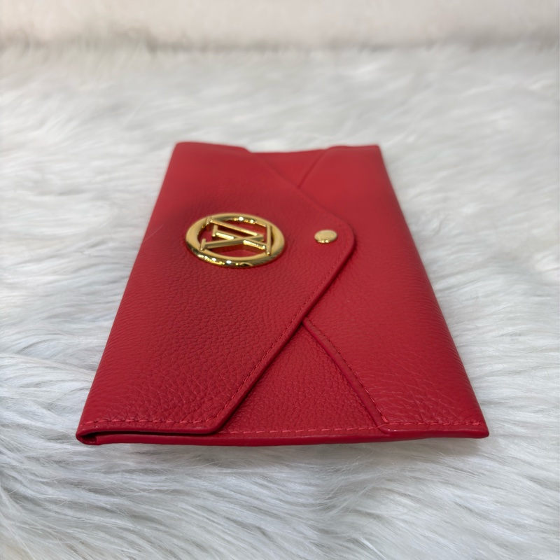 LV 訂製款 紅色荔枝皮 圓形 LOGO 釦式 信封 長夾 皮夾 收納袋 萬用袋-2