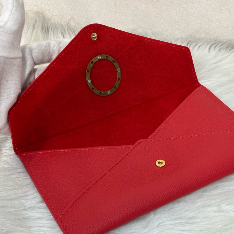 LV 訂製款 紅色荔枝皮 圓形 LOGO 釦式 信封 長夾 皮夾 收納袋 萬用袋-18