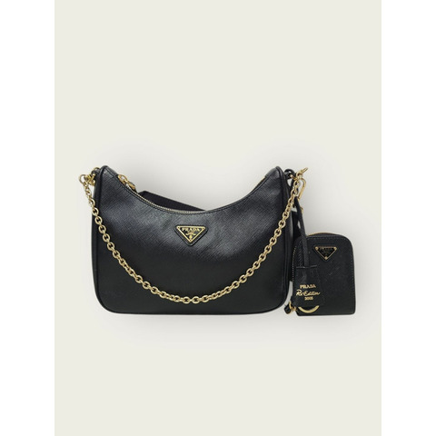 【包稅】PRADA 黑色金色復刻版皮革肩背包