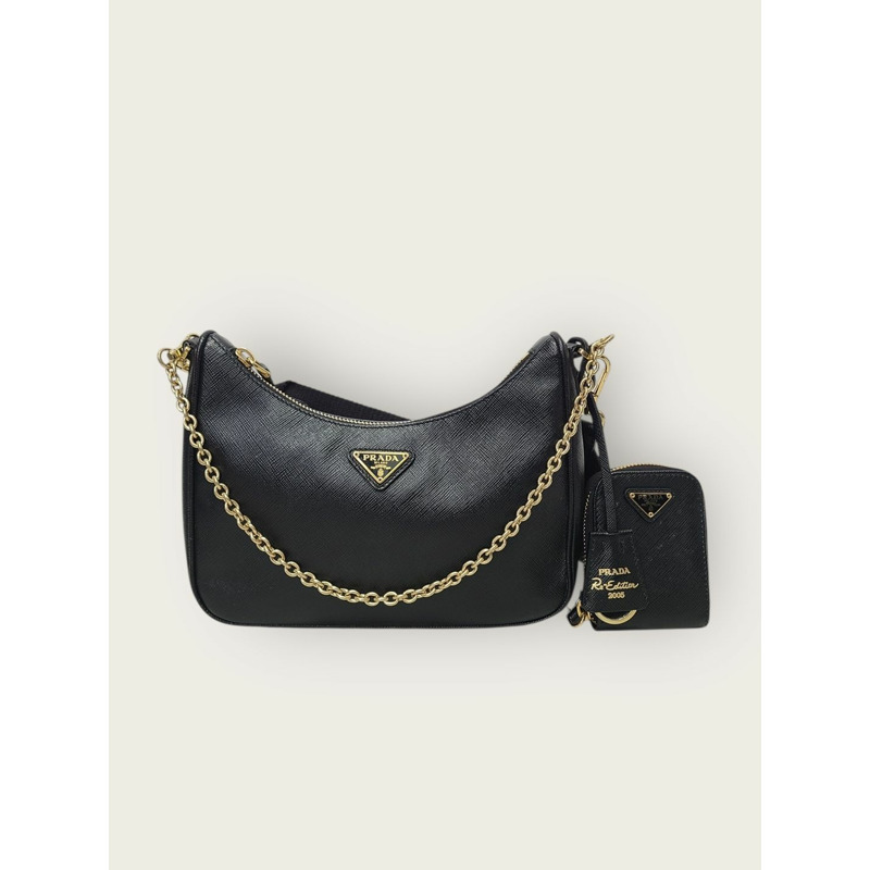 【包稅】PRADA 黑色金色復刻版皮革肩背包-0