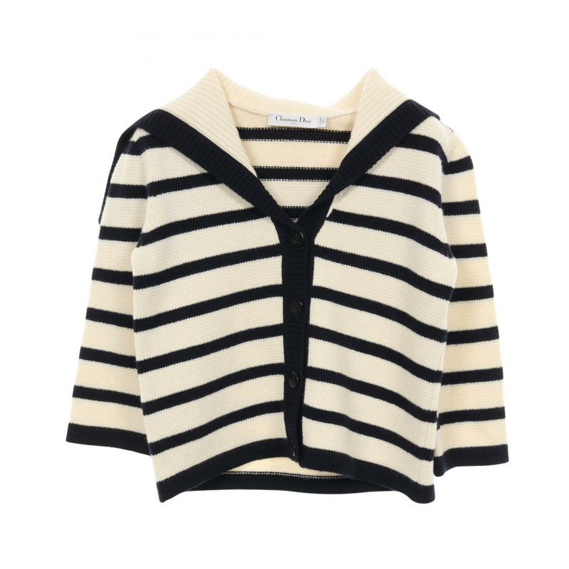 Christian DIOR MARINIERE 羊毛羊絨開襟衫，米色/海軍藍，#36，二手女款-0