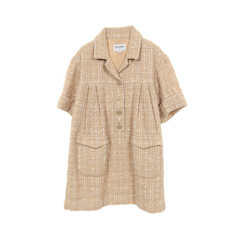 香奈兒 COCO 標誌紐扣連身裙，尼龍材質，米色，40號，二手女裝-0