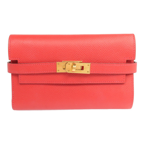 HERMES Epsom皮革Kelly Short Wallet金扣錢包Rouge de Coeur