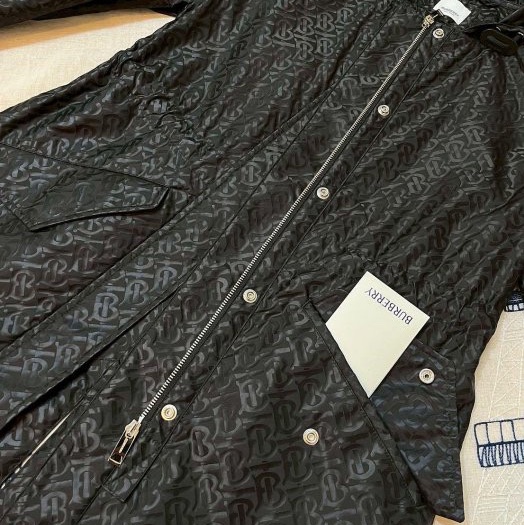 BURBERRY英國黑色專屬標誌提花連帽風雪大衣UK4-6