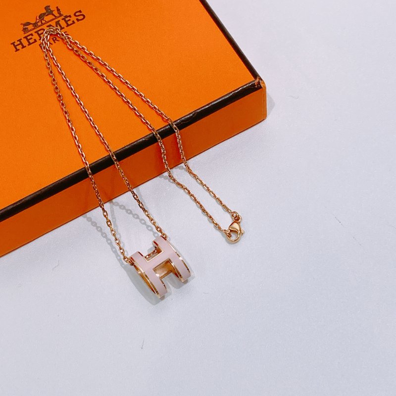 TW4680 Hermes 愛馬仕 淡粉色拼玫瑰金 大H項鍊 Pop H Necklace Pink x RGHW-7