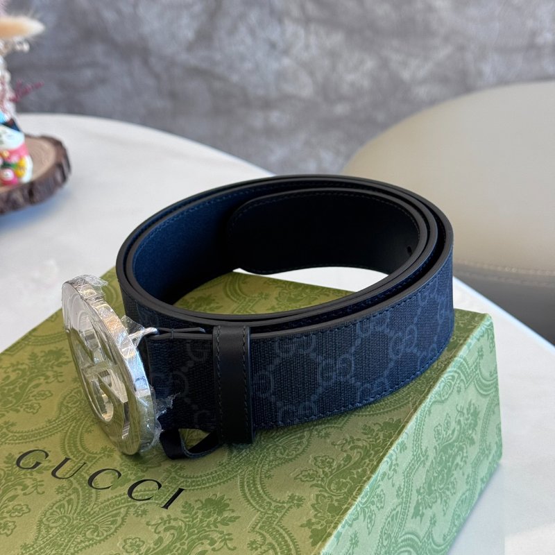 *SHIHNA名牌精品* GUCCI 黑灰老花帆布銀扣皮帶-1