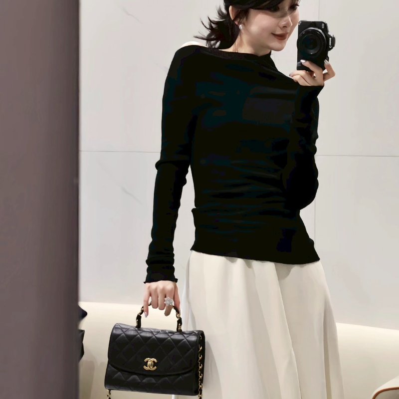 CHANEL 褶皺小羊皮手提斜背包 - 黑金31開-1