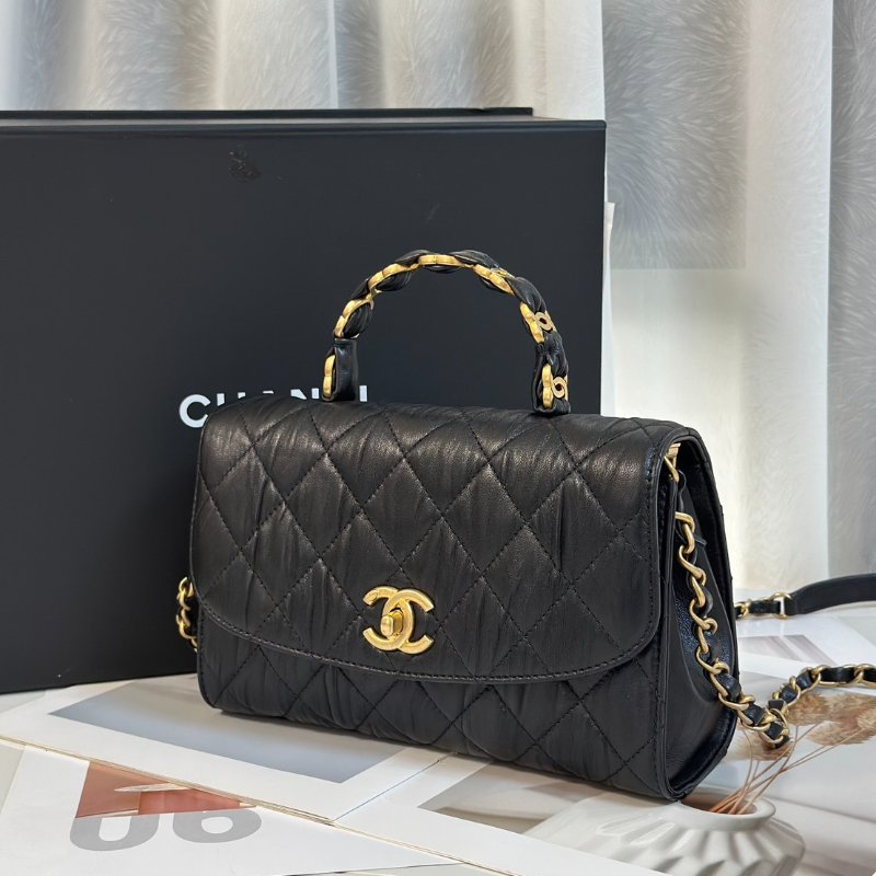 CHANEL 褶皺小羊皮手提斜背包 - 黑金31開-3