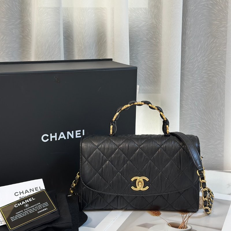 CHANEL 褶皺小羊皮手提斜背包 - 黑金31開-8