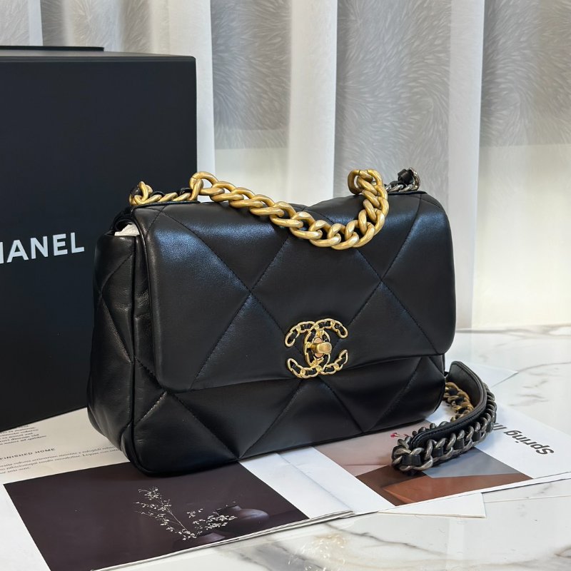 CHANEL 19 Bag 菱格紋羊皮手提肩背包 26 - 黑金-2