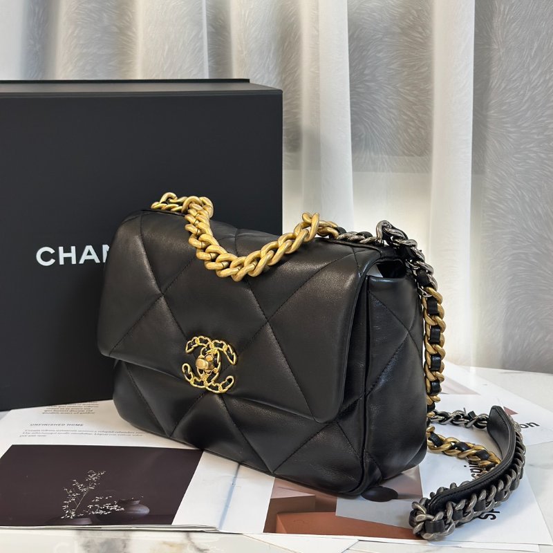 CHANEL 19 Bag 菱格紋羊皮手提肩背包 26 - 黑金-3