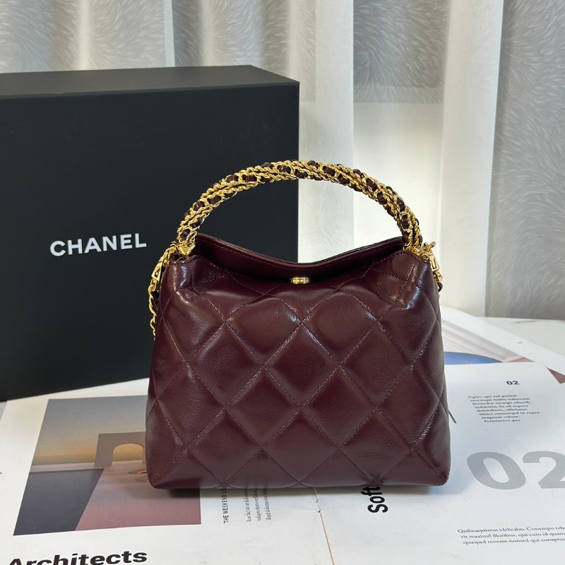 CHANEL 24B麻花手柄斜背包 - 酒紅金-4