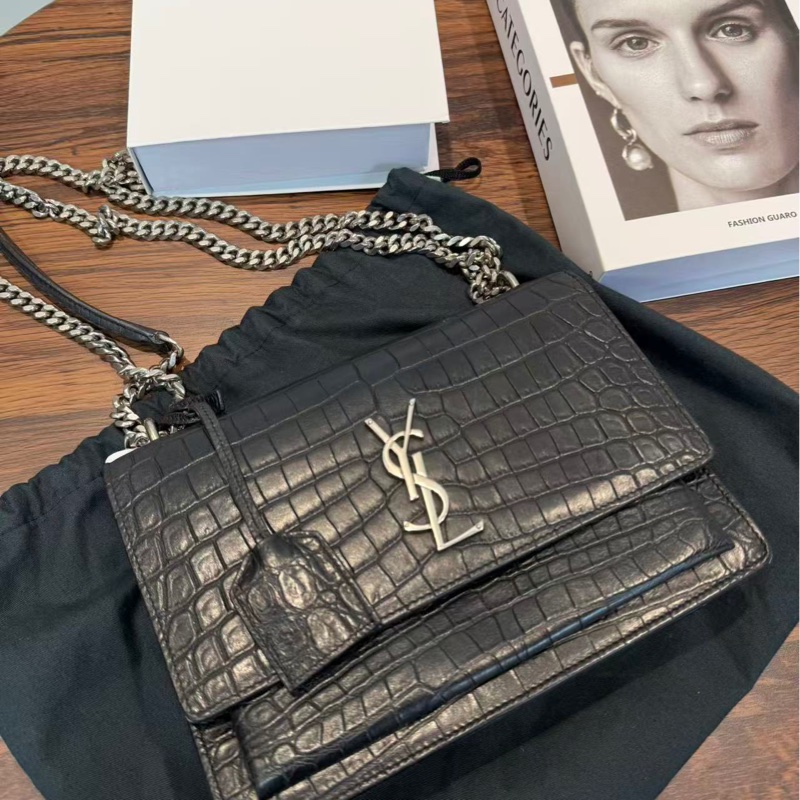 YSL日落包鰐魚壓紋銀Logo鏈條斜孭包-0