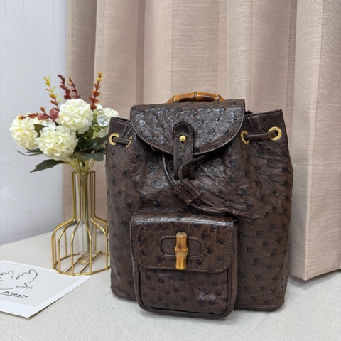 Gucci鴕鳥皮竹節雙肩包 中古 二手vintage 稀有款 後背包 手提