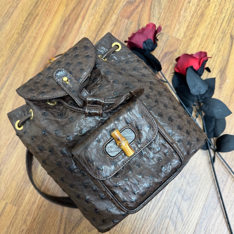 Gucci鴕鳥皮竹節雙肩包 中古 二手vintage 稀有款 後背包 手提-3