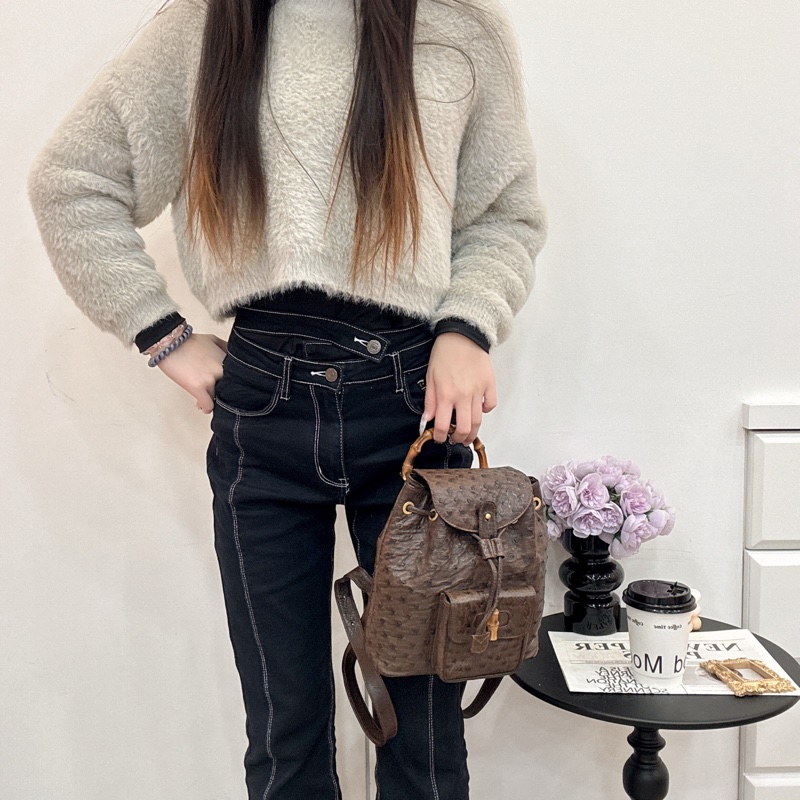 Gucci鴕鳥皮竹節雙肩包 中古 二手vintage 稀有款 後背包 手提-5