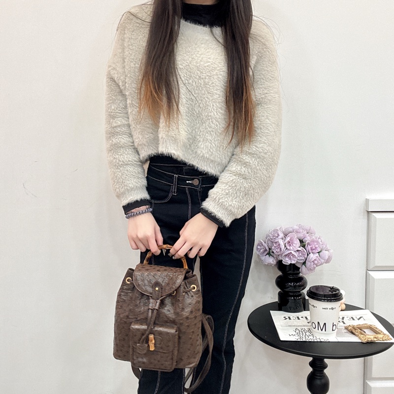 Gucci鴕鳥皮竹節雙肩包 中古 二手vintage 稀有款 後背包 手提-6