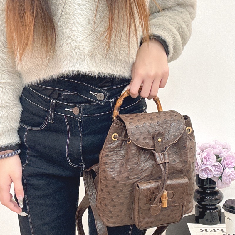 Gucci鴕鳥皮竹節雙肩包 中古 二手vintage 稀有款 後背包 手提-7