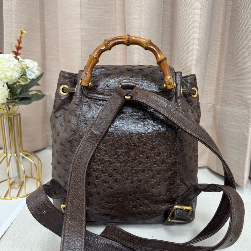 Gucci鴕鳥皮竹節雙肩包 中古 二手vintage 稀有款 後背包 手提-12