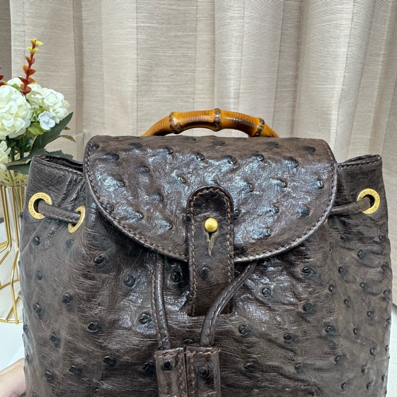 Gucci鴕鳥皮竹節雙肩包 中古 二手vintage 稀有款 後背包 手提-16
