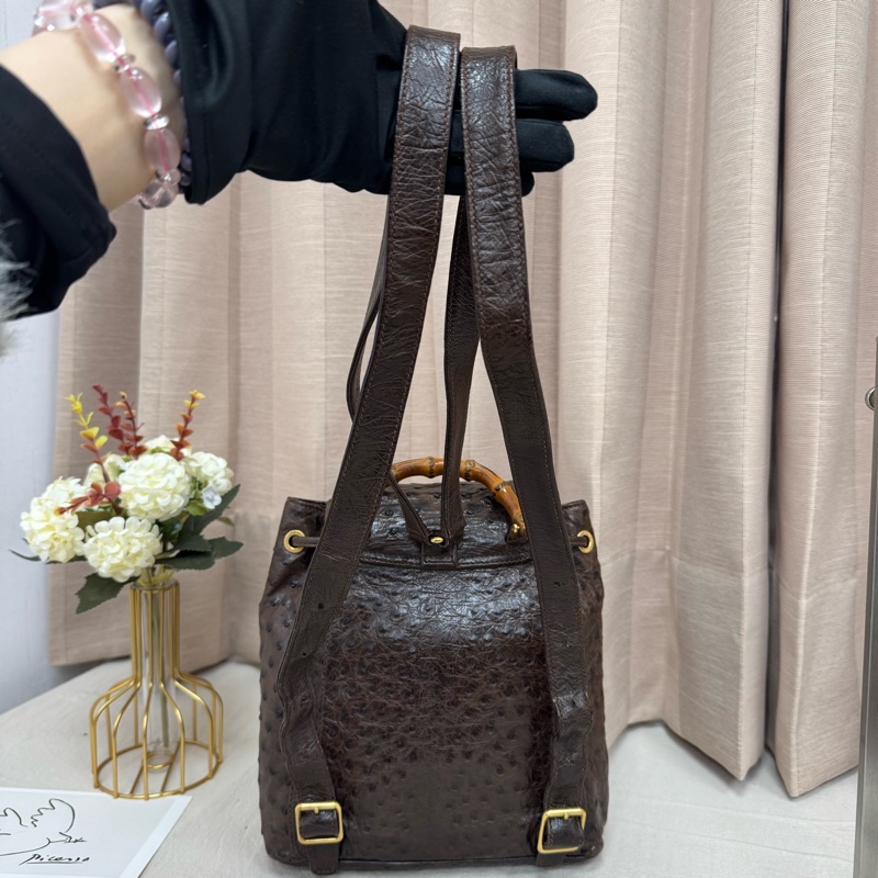Gucci鴕鳥皮竹節雙肩包 中古 二手vintage 稀有款 後背包 手提-21
