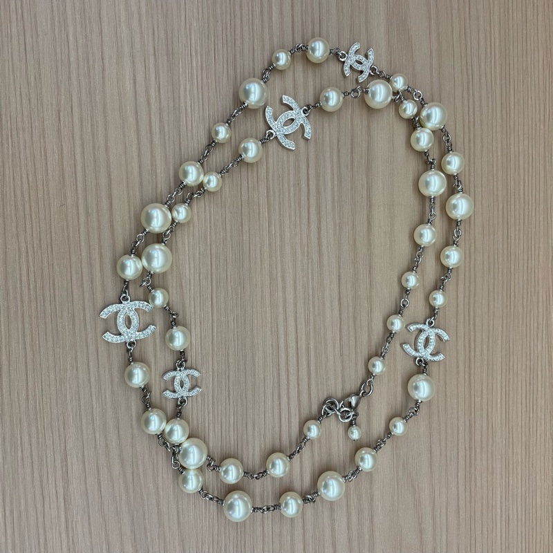 Chanel香奈儿项链，珍珠项链，毛衣链，5个双C长款可叠戴可两圈戴，原装盒子。走验货宝。-1