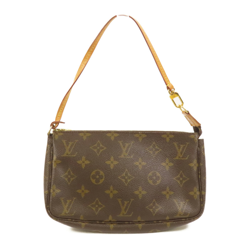 LOUIS VUITTON Monogram Pochette Accessoires金扣手挽袋棕色-1