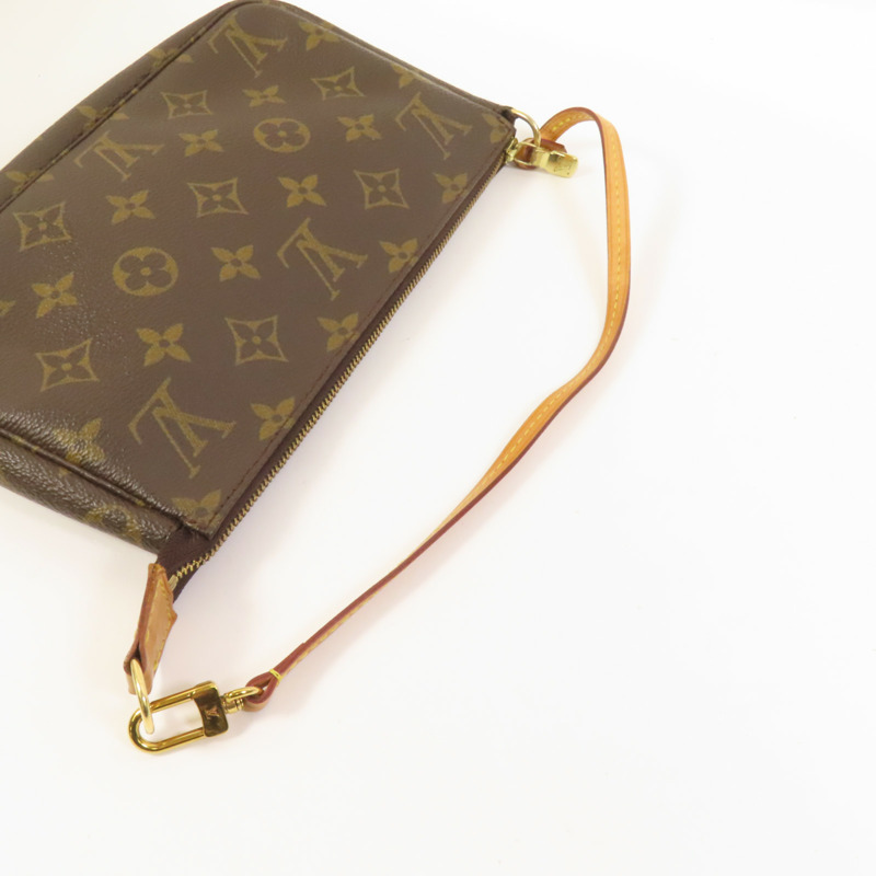 LOUIS VUITTON Monogram Pochette Accessoires金扣手挽袋棕色-4