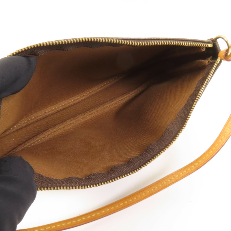 LOUIS VUITTON Monogram Pochette Accessoires金扣手挽袋棕色-7