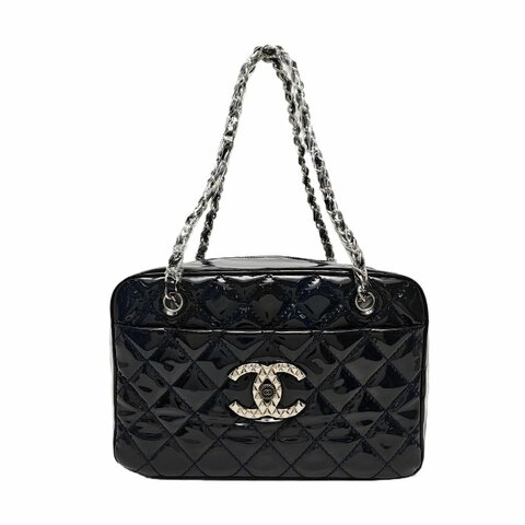 CHANEL深藍色牛漆皮菱格紋絎縫單肩包手提包銀色五金13開2條可拆卸肩帶