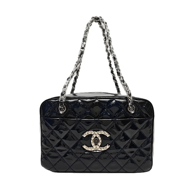 CHANEL深藍色牛漆皮菱格紋絎縫單肩包手提包銀色五金13開2條可拆卸肩帶-0