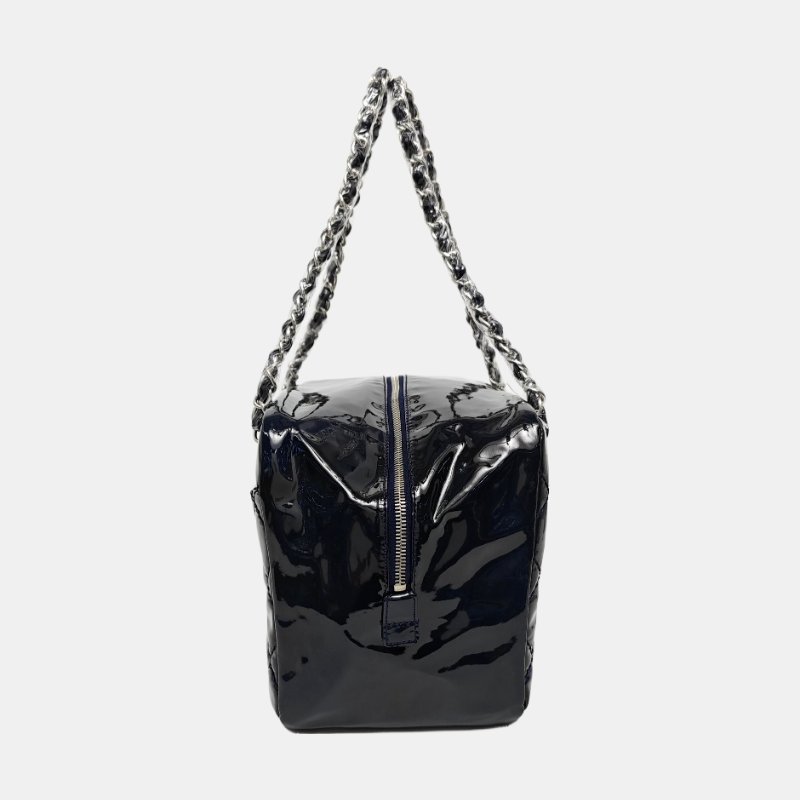 CHANEL深藍色牛漆皮菱格紋絎縫單肩包手提包銀色五金13開2條可拆卸肩帶-2