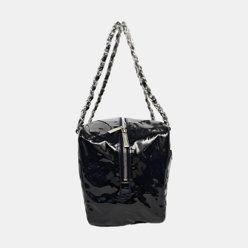 CHANEL深藍色牛漆皮菱格紋絎縫單肩包手提包銀色五金13開2條可拆卸肩帶-3