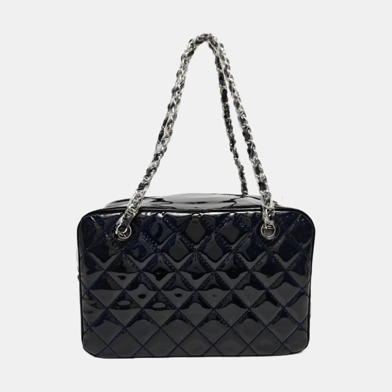 CHANEL深藍色牛漆皮菱格紋絎縫單肩包手提包銀色五金13開2條可拆卸肩帶-4