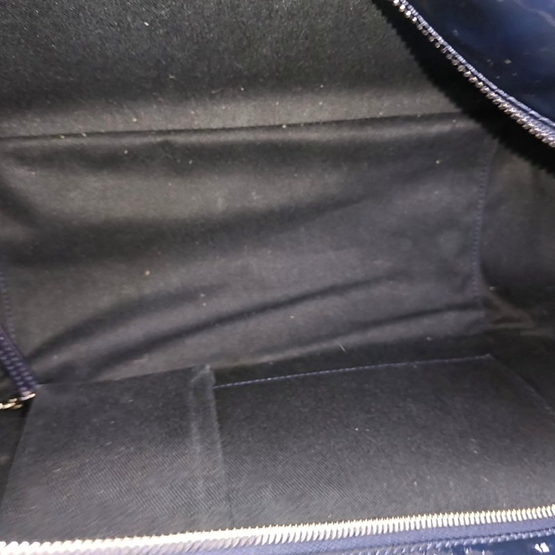 CHANEL深藍色牛漆皮菱格紋絎縫單肩包手提包銀色五金13開2條可拆卸肩帶-17