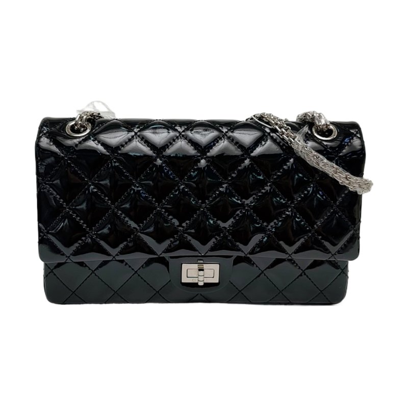 CHANEL 2.55 大號 黑色漆皮菱格紋單肩包斜挎包 銀色五金 13開-0