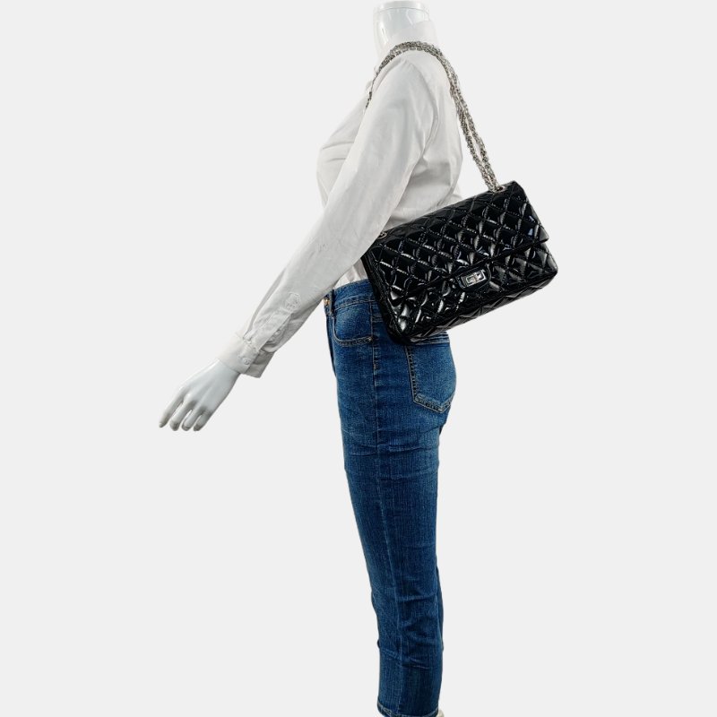 CHANEL 2.55 大號 黑色漆皮菱格紋單肩包斜挎包 銀色五金 13開-1