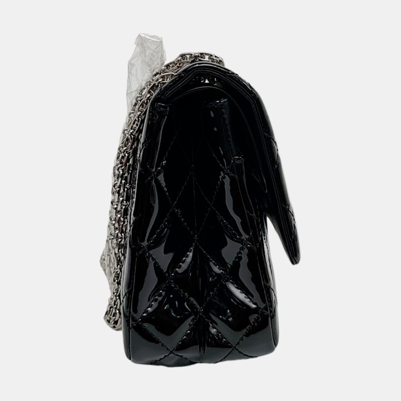 CHANEL 2.55 大號 黑色漆皮菱格紋單肩包斜挎包 銀色五金 13開-3