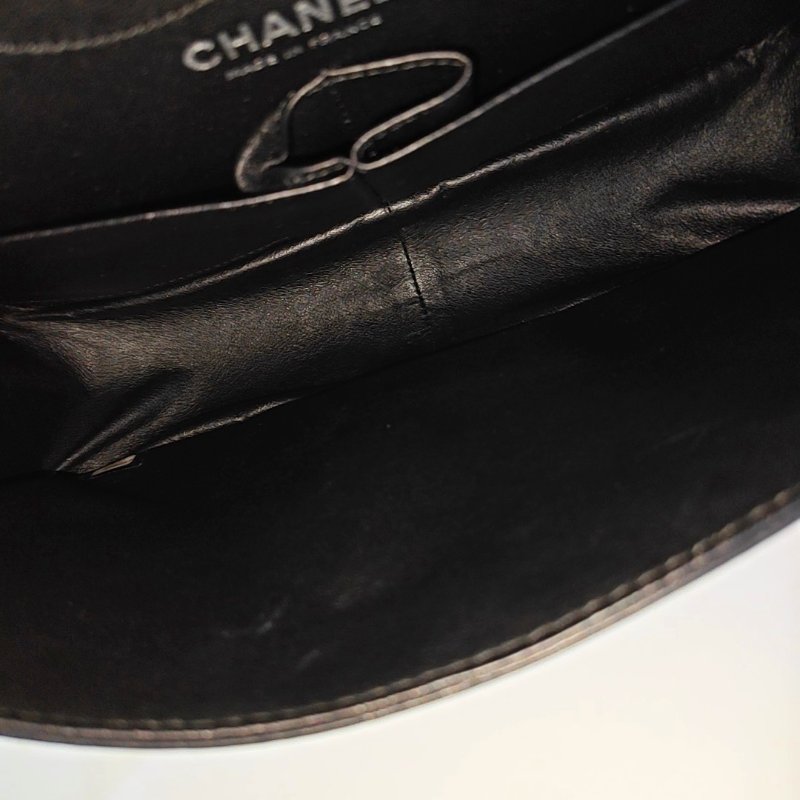 CHANEL 2.55 大號 黑色漆皮菱格紋單肩包斜挎包 銀色五金 13開-6