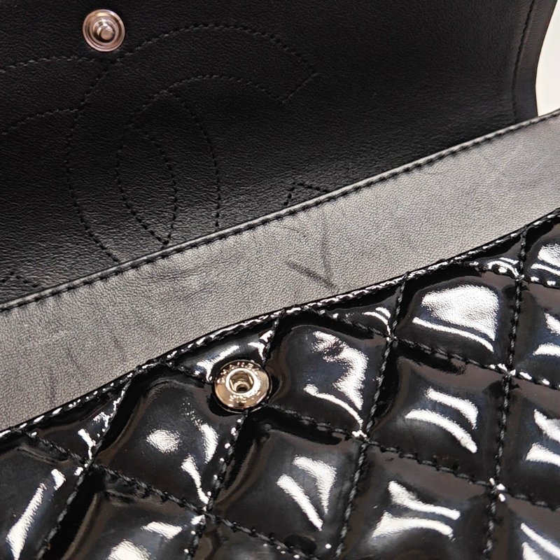 CHANEL 2.55 大號 黑色漆皮菱格紋單肩包斜挎包 銀色五金 13開-11